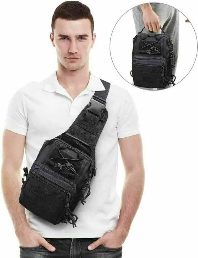 Alt view image 2 of 7 - Men Backpack Tactical Sling Bag Chest Shoulder Body Molle Day Pack Pouch Black