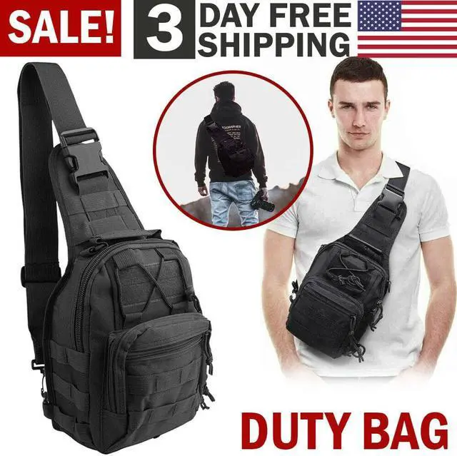 Alt view image 7 of 7 - Men Backpack Tactical Sling Bag Chest Shoulder Body Molle Day Pack Pouch Black
