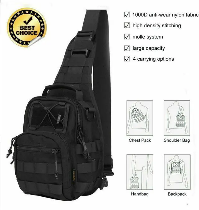 Alt view image 6 of 7 - Men Backpack Tactical Sling Bag Chest Shoulder Body Molle Day Pack Pouch Black