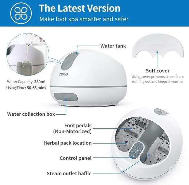 Alt view image 5 of 6 - Steam Foot Spa Bath Massager, RENPHO Foot Sauna Care with Fast Heating, No Water Pouring, and 4 Pedicure Massage Rollers, More Effective and Safer Than Traditional Foot Tub, Best for Stress Relief
