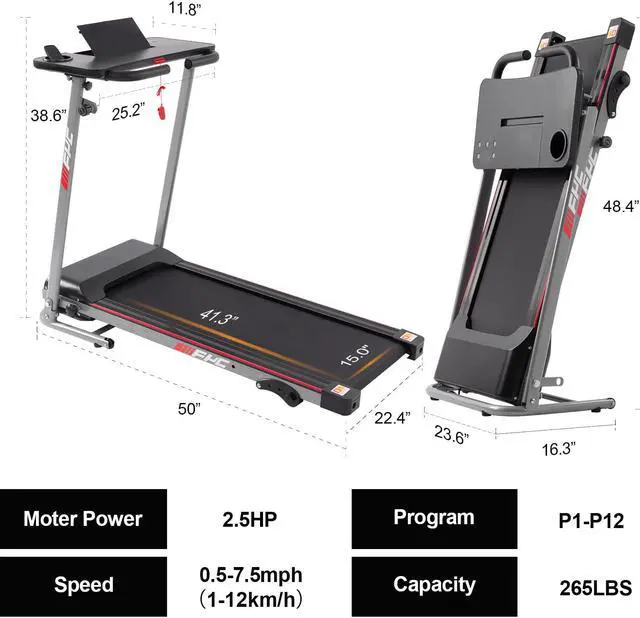 Alt view image 5 of 6 - Folding Treadmill for Home with Desk - 2.5HP Compact Electric Treadmill for Running and Walking Foldable Portable Running Machine for Small Spaces Workout, 265LBS Weight Capacity