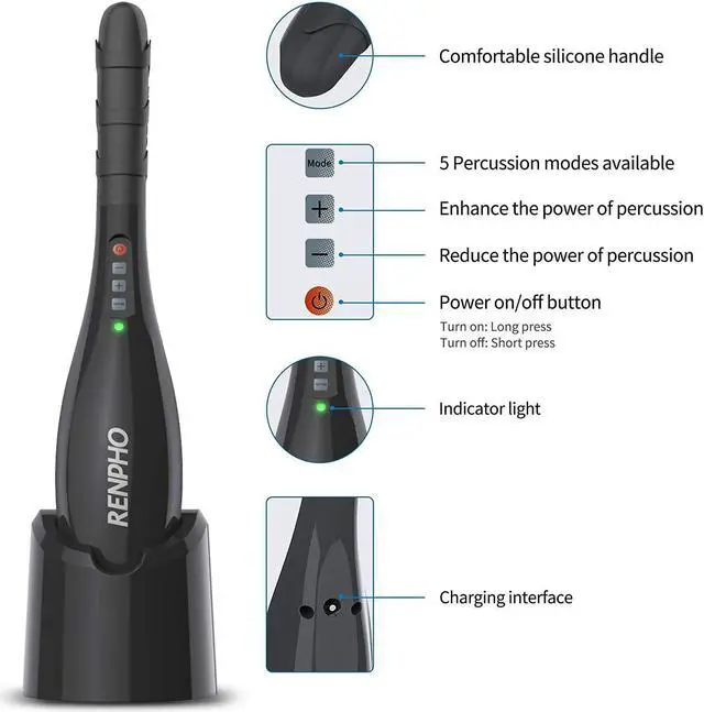 Alt view image 4 of 5 - RENPHO Rechargeable Hand Held Deep Tissue Massager for Muscles, Back, Foot, Neck, Shoulder, Leg, Calf Cordless Electric Percussion Body Massage with Portable Design, Black