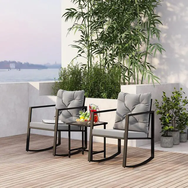 Alt view image 2 of 5 - 3 Pieces Patio Set Outdoor Patio Furniture Sets Modern Rocking Chair Furniture Sets Clearance Cushioned Chairs Conversation Sets with Coffee Table for Yard and Bistro (Gray)