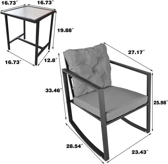Alt view image 5 of 5 - 3 Pieces Patio Set Outdoor Patio Furniture Sets Modern Rocking Chair Furniture Sets Clearance Cushioned Chairs Conversation Sets with Coffee Table for Yard and Bistro (Gray)