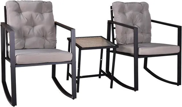 Alt view image 4 of 5 - 3 Pieces Patio Set Outdoor Patio Furniture Sets Modern Rocking Chair Furniture Sets Clearance Cushioned Chairs Conversation Sets with Coffee Table for Yard and Bistro (Gray)