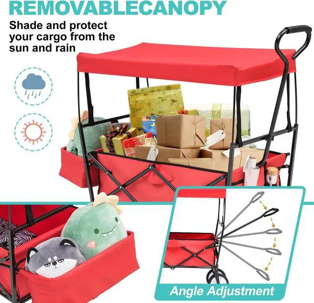 Alt view image 4 of 6 - Collapsible Wagon Folding Cart with Canopy Beach Garden Outdoor Sport Utility Cart Wheels Adjustable Handle Rear Storage