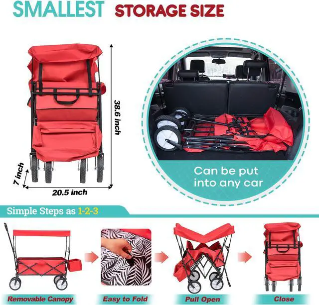 Alt view image 2 of 6 - Collapsible Wagon Folding Cart with Canopy Beach Garden Outdoor Sport Utility Cart Wheels Adjustable Handle Rear Storage