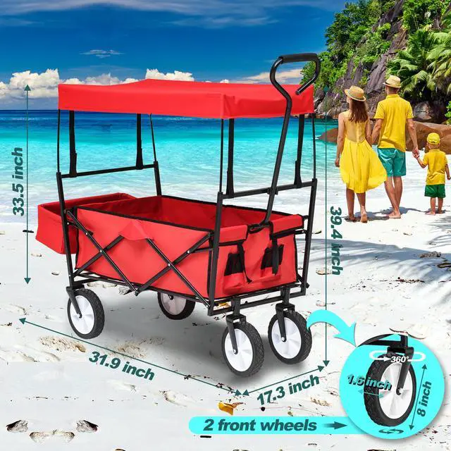 Alt view image 5 of 6 - Collapsible Wagon Folding Cart with Canopy Beach Garden Outdoor Sport Utility Cart Wheels Adjustable Handle Rear Storage
