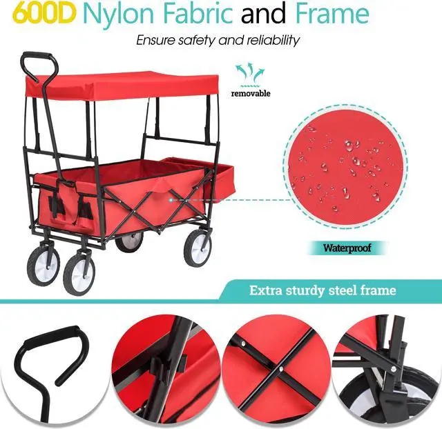 Alt view image 3 of 6 - Collapsible Wagon Folding Cart with Canopy Beach Garden Outdoor Sport Utility Cart Wheels Adjustable Handle Rear Storage