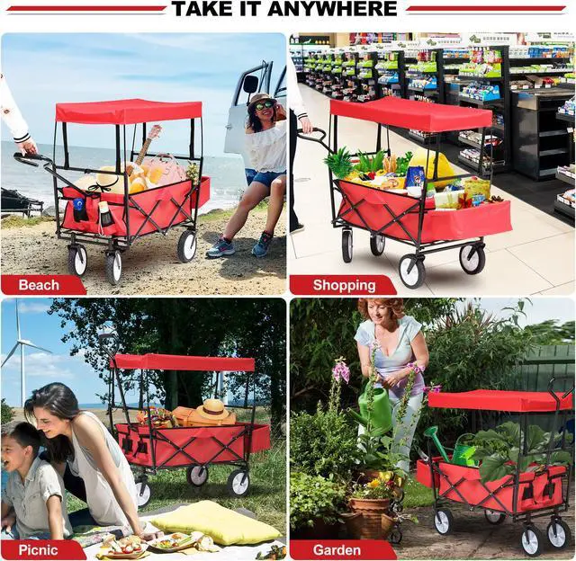 Alt view image 6 of 6 - Collapsible Wagon Folding Cart with Canopy Beach Garden Outdoor Sport Utility Cart Wheels Adjustable Handle Rear Storage