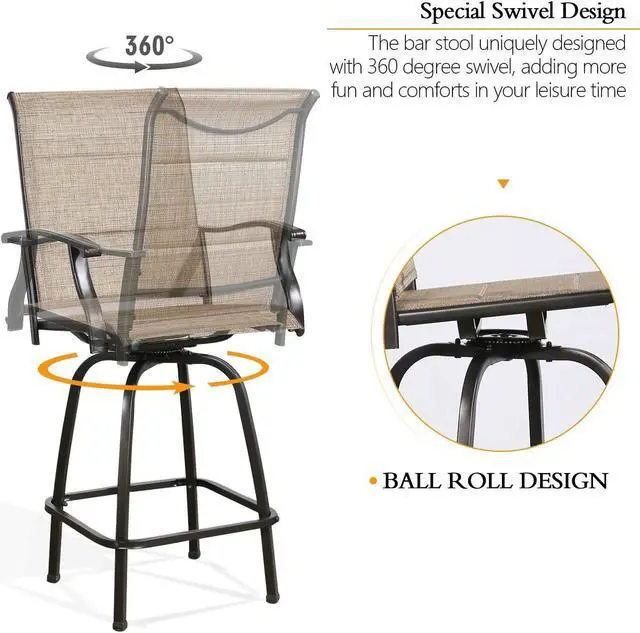 Alt view image 4 of 7 - Outdoor Swivel Bar Stools Patio Sling Bar Chairs Padded with Quick Dry Foam, Set of 2