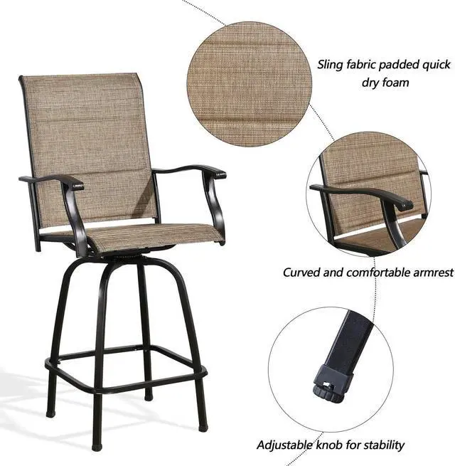 Alt view image 5 of 7 - Outdoor Swivel Bar Stools Patio Sling Bar Chairs Padded with Quick Dry Foam, Set of 2