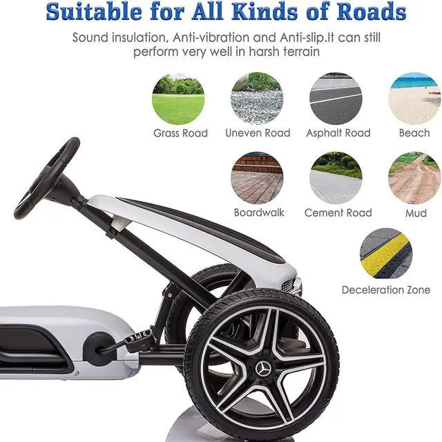 Alt view image 3 of 6 - Bosonshop Benz Kids Pedal Go Kart, Horn, Music, Adjustable Seat, Brake Lever, EVA Tires - 4 Wheel Quad Ride On Toys Outdoor Racer Pedal Powered Cars, White