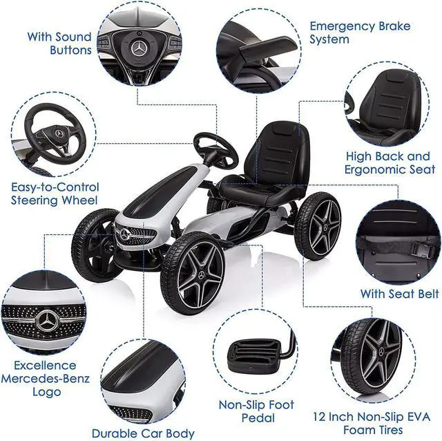 Alt view image 5 of 6 - Bosonshop Benz Kids Pedal Go Kart, Horn, Music, Adjustable Seat, Brake Lever, EVA Tires - 4 Wheel Quad Ride On Toys Outdoor Racer Pedal Powered Cars, White