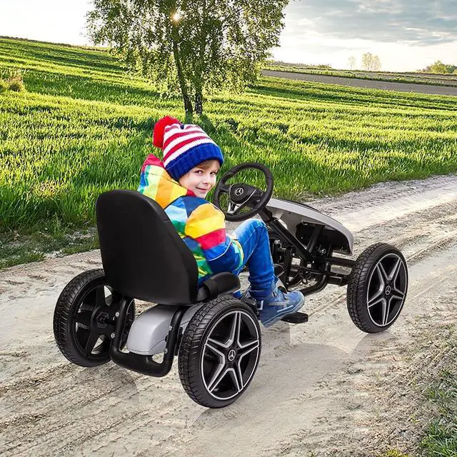 Alt view image 6 of 6 - Bosonshop Benz Kids Pedal Go Kart, Horn, Music, Adjustable Seat, Brake Lever, EVA Tires - 4 Wheel Quad Ride On Toys Outdoor Racer Pedal Powered Cars, White