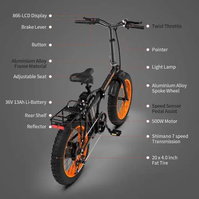 Alt view image 6 of 6 - AOSTIRMOTOR A20 Folding Electric Bicycle 500W Motor 20" Fat Tire With 36V/13Ah Li-Battery RT