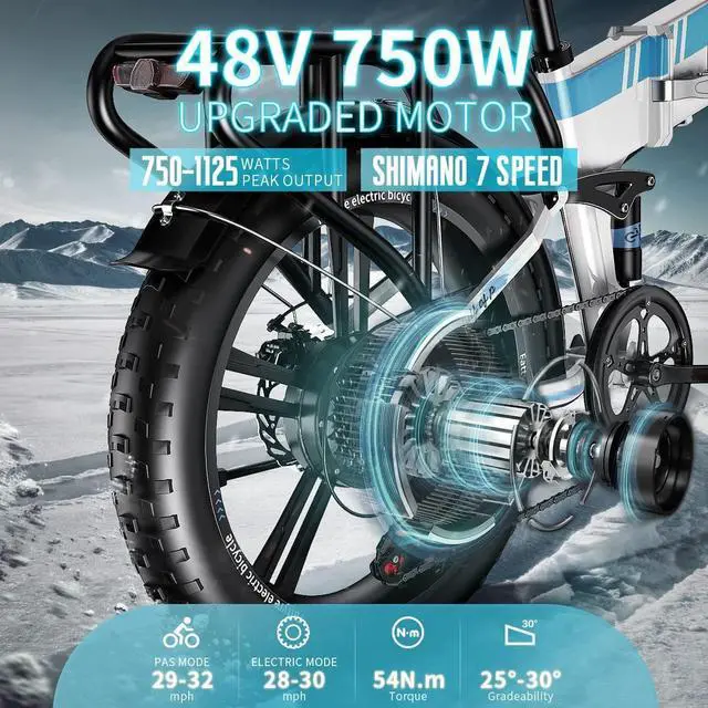 Alt view image 2 of 6 - Auloor 20H1F 750W Foldable Electric Bike for Adults with 20'x4'Fat Tire,E Bikes MTB with LG 48V 12.8Ah Battery Shimano 7-Speed Ebike