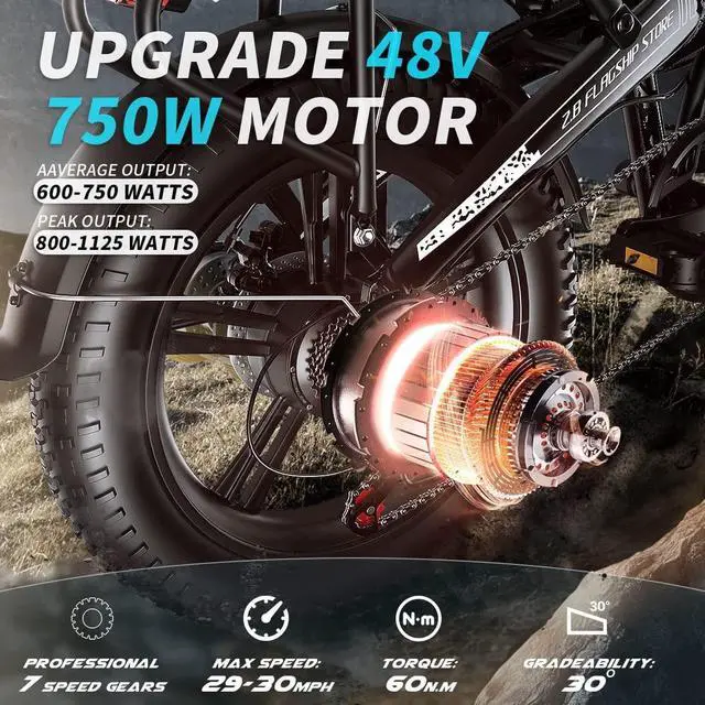Alt view image 3 of 7 - Adult Electric Bike 750W Motor 20"*4.0" All Terrain Fat Tire Ebike with Samsung 48V 12.8Ah Lithium Battery