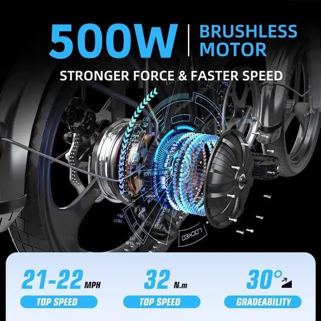 Alt view image 3 of 7 - Folding Electric Bike for Adults;  20" Ebike 500W Adult Electric Bicycles;  21MPH 43Miles Electric Cruiser Bike for Female Male;  Samsung 48V 10.4Ah Battery Shimano 7 Speed Electric Bike