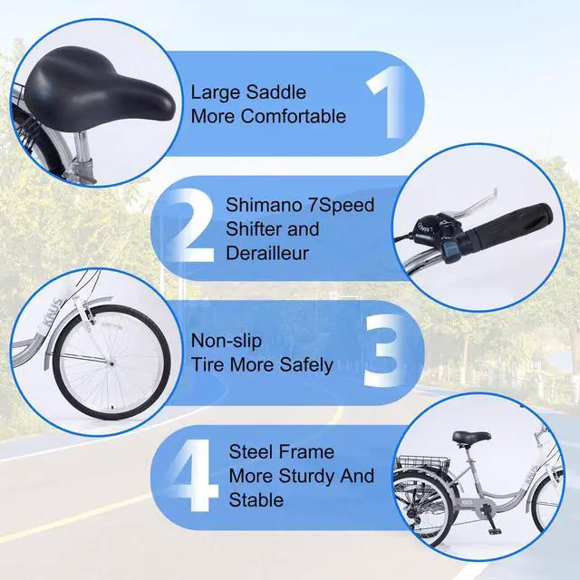 Alt view image 4 of 7 - Adult Tricycle Trikes; 3-Wheel Bikes; 24 Inch Wheels 7 Speed Cruiser Bicycles with Large Shopping Basket for Women and Men