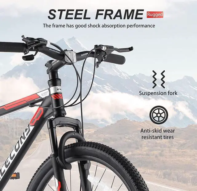 Alt view image 2 of 7 - S26102 Elecony 26 Inch Mountain Bike; Shimano 21 Speeds with Mechanical Disc Brakes; High-Carbon Steel Frame; Suspension MTB Bikes Mountain Bicycle for Adult & Teenagers