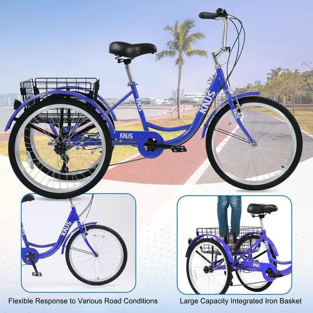 Alt view image 6 of 7 - Adult Tricycle Trikes; 3-Wheel Bikes; 24 Inch Wheels 7 Speed Cruiser Bicycles with Large Shopping Basket for Women and Men