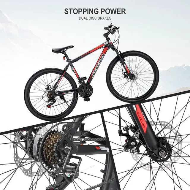 Alt view image 6 of 7 - S26102 Elecony 26 Inch Mountain Bike; Shimano 21 Speeds with Mechanical Disc Brakes; High-Carbon Steel Frame; Suspension MTB Bikes Mountain Bicycle for Adult & Teenagers