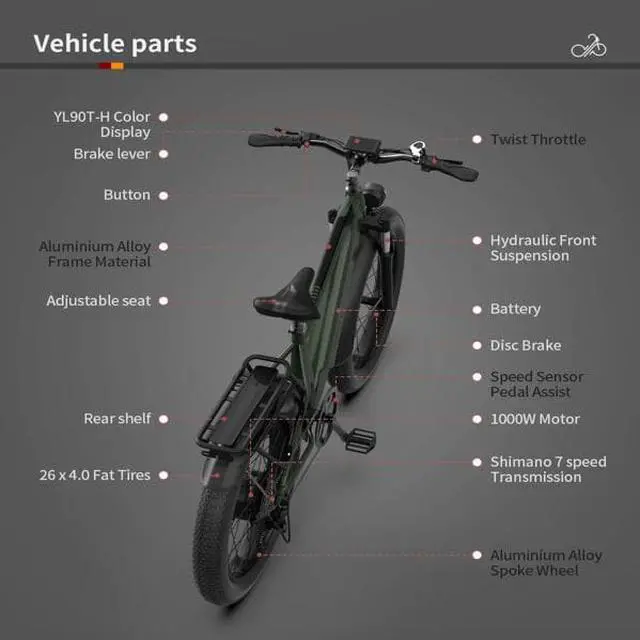 Alt view image 7 of 7 - AOSTIRMOTOR New Pattern King 26" 1000W Electric Bike 26in Fat Tire 52V15AH Removable Lithium Battery for Adults KING