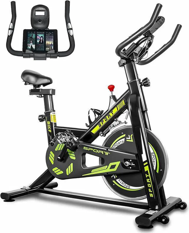 Alt view image 2 of 7 - Indoor Stationary Bikes for Home Exercise, Cycling Bike with LCD Monitor Pulse Sensor and Pad Holder, Quiet and smooth Belt Drive with Chromed Flywheel 220lbs