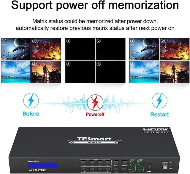 Alt view image 2 of 7 - TESmart Ultra HD 4K HDMI 4X4 Matrix Switcher 4 Port Input and 4 Port Output with RS232 IR Remote Control Supports 4Kx2K@60HZ, HDCP