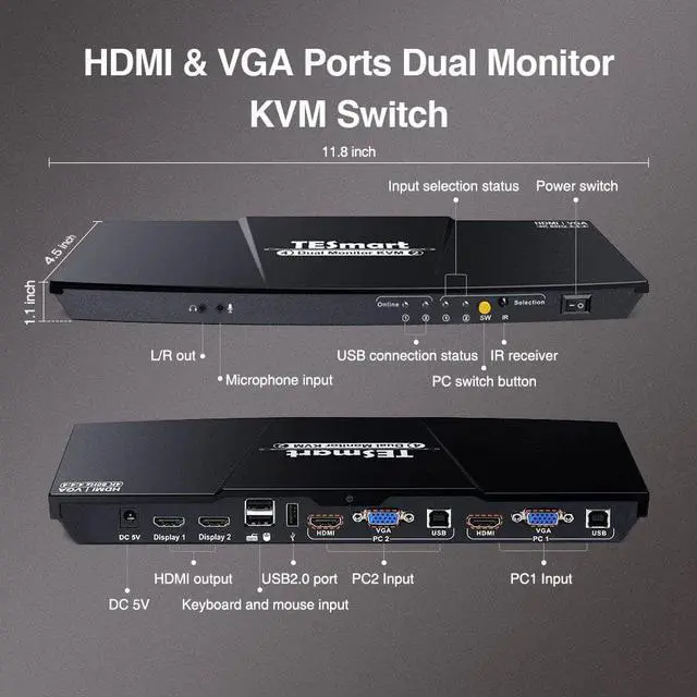 Alt view image 4 of 5 - DUAL MONITOR KVM 2-PORT - HDMI + VGA - 4K 1080P - AUDIO OUTPUT & USB SHARING -2x2 KVM