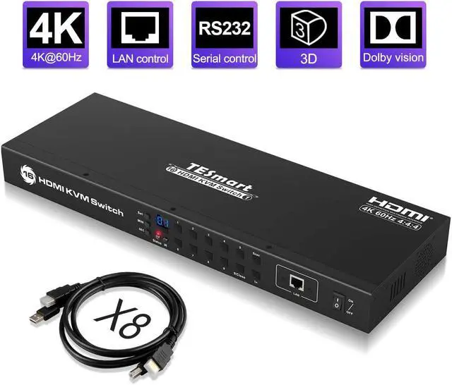 Main image of TESmart 16x1 HDMI KVM Switch 16 Port Enterprise Grade Support 1080P HD Console Rack Mount Switcher with 8 Pcs 5ft KVM Cable,USB 2.0 Device Control up to 16 PCs/Servers,RS232,LAN Port Control 1080P