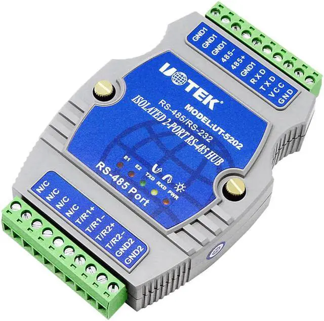 Alt view image 2 of 7 - UOTEK Industrial Grade RS232 RS-485 to RS485 Hub 2 Ports Din Rail Installation with Isolation Surge Protection UT-5202