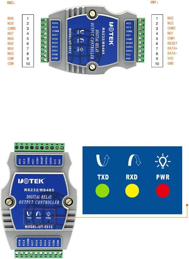 Alt view image 5 of 7 - UOTEK 8 Channel Digital I/O Controller RS-485 Opto-electronic Isolation Input Relay Output IO Adapter UT-5512