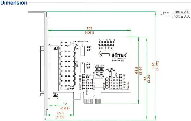 Alt view image 6 of 7 - UOTEK Industrial Grade PCI-E to RS-232 Serial Card PCIE to RS232 2 Ports High Speed DR44 Converter DB9 Connector UT-782 Adapter with ESD protection