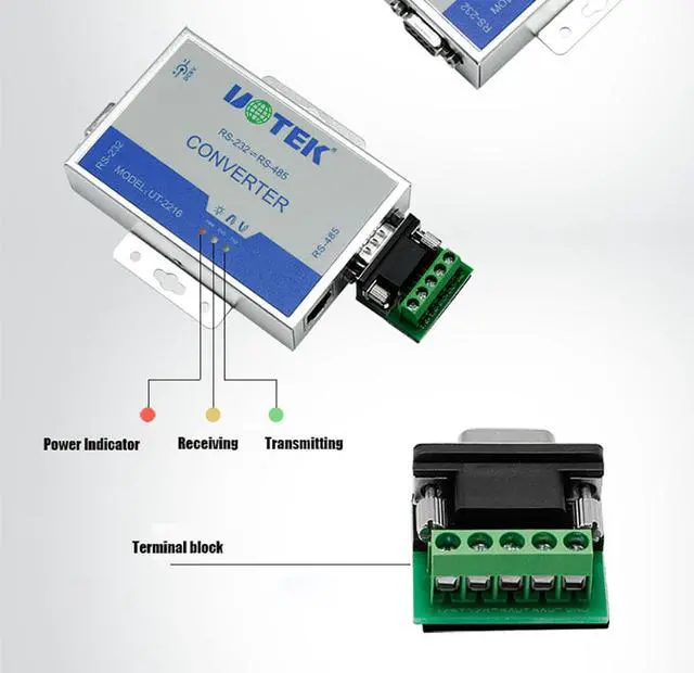 Alt view image 5 of 7 - UOTEK RS-232 to RS-485 Converter RS232 To RS485 Conversion Adapter DB9 Connector RS-485 Each Line 600W Lightning Surge ProtectIion With Power UT-2216
