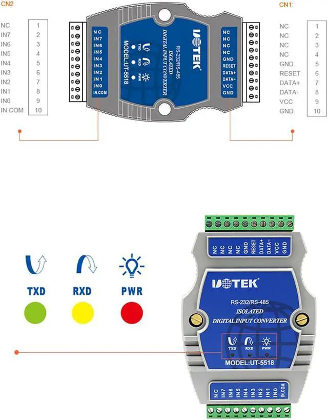 Alt view image 5 of 7 - UOTEK Digital 8 Channel Optical Isolated Wet Contact I/O Input Module Controller IO RS-232 RS-485 Adapter Modbus-RTU Support Wet and Dry Node Input UT-5518