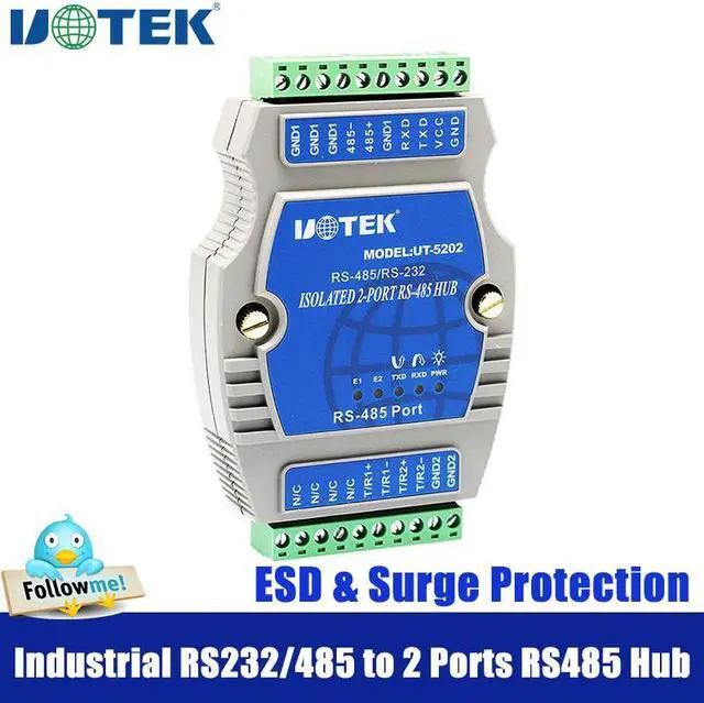 Main image of UOTEK Industrial Grade RS232 RS-485 to RS485 Hub 2 Ports Din Rail Installation with Isolation Surge Protection UT-5202
