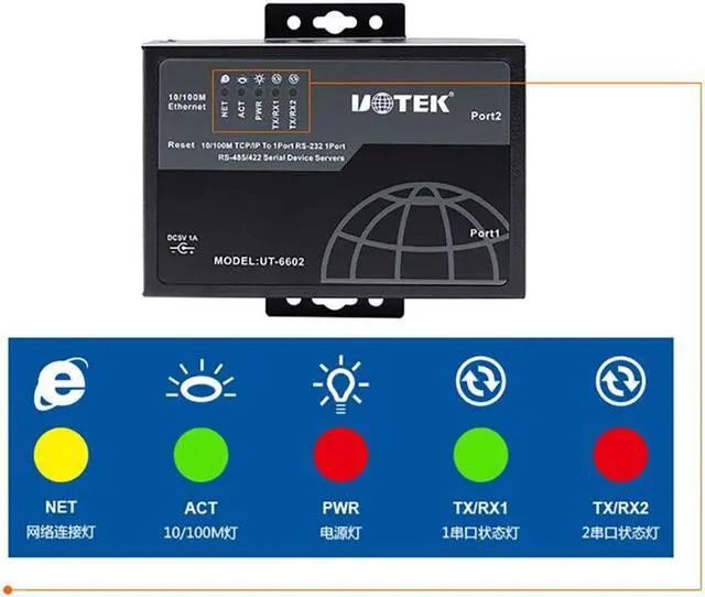 Alt view image 7 of 7 - UOTEK 10/100M TCP/IP to RS-232 RS-485 RS-422 Converter TCP IP to RS232 RS485 RS422 RJ45 Serial Device Adapter UT-6602 with Adaptive Ethernet Port Support Manual Setting