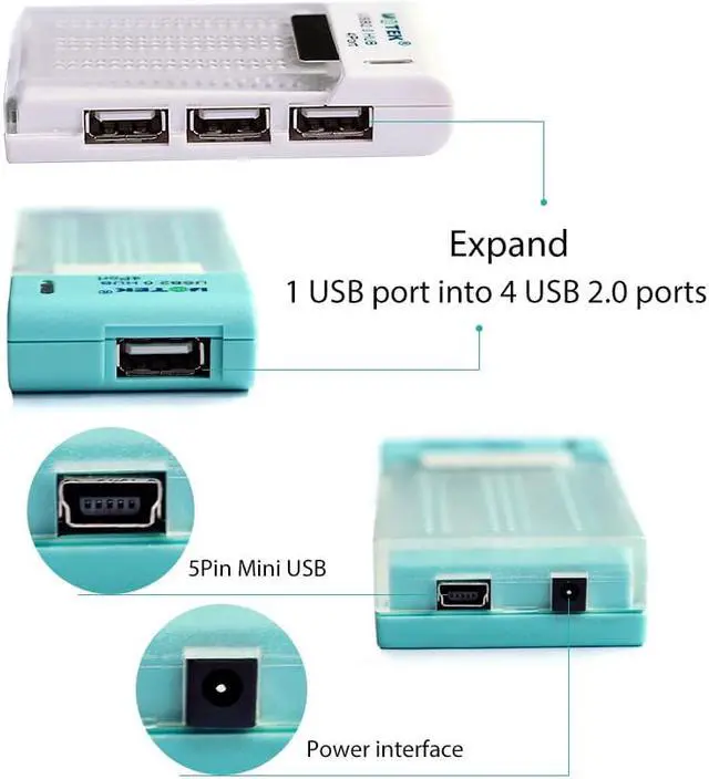 Alt view image 3 of 7 - UOTEK 5Pin Mini 4 Ports USB2.0 Hub Mobile Phone Tablet Digital Charging Hub OTG High-speed Expansion Max480Mbps UT-803