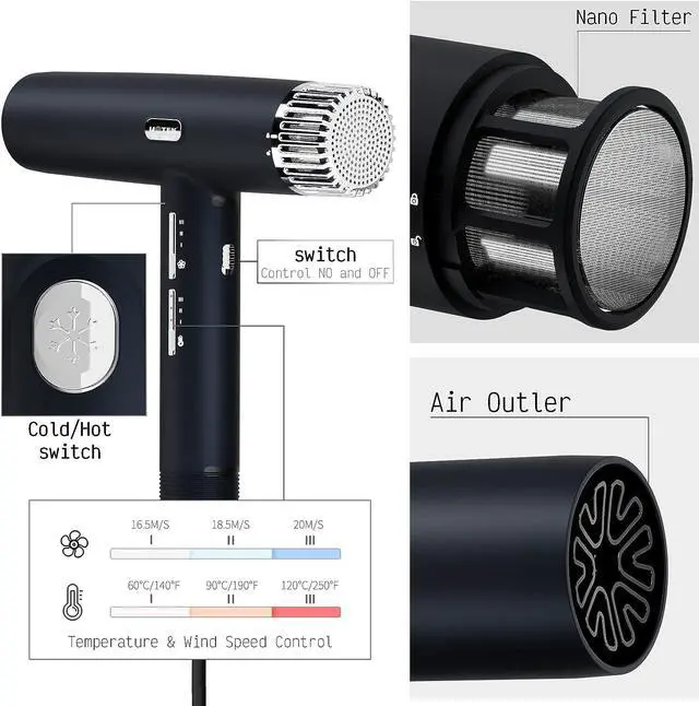 Alt view image 2 of 7 - UOTEK Hair Dryer Negative Lons High Speed Electric Blow Dryer with Diffuser 1800W Lightweight Low Noise Lonic Hairdrier Blow Dryer for Home,Travel,School 3 Temps 3 Speeds Black Hairdryer