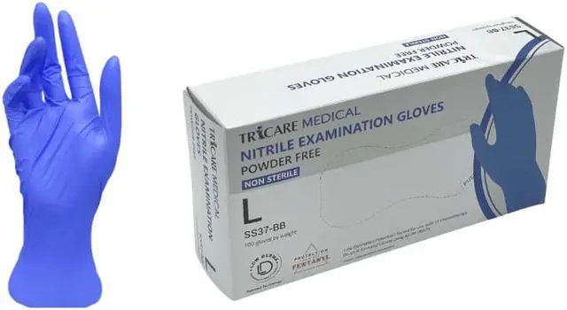 Main image of TRICARE MEDICAL Nitrile Exam Gloves, Low Derma, 4.7 Mil, Blue, Box of 100 Large