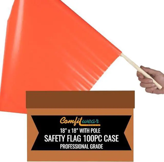 Main image of COMFITWEAR 100 PC CASE Traffic Safety Warning Flags Construction Site Ready Fluorescent Red-Orange Vinyl Coated Nylon Flag 18 x 18 with Pole