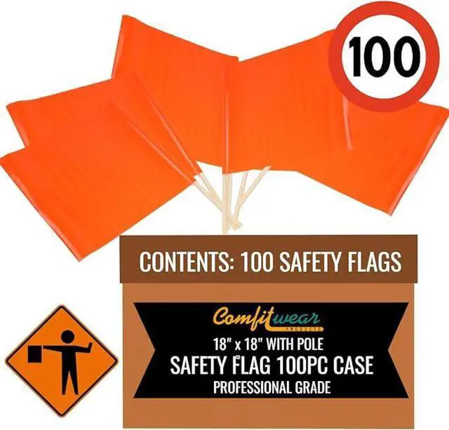 Alt view image 2 of 7 - COMFITWEAR 100 PC CASE Traffic Safety Warning Flags Construction Site Ready Fluorescent Red-Orange Vinyl Coated Nylon Flag 18 x 18 with Pole