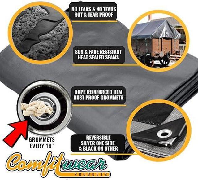 Alt view image 2 of 7 - COMFITWEAR 10 Mil Silver And Black Super Heavy Duty Tarp Cover Reinforce Grommet Pool Cover Boat Tarp UV Resistant Poly Tarpaulin Canopy Tent Waterproof Tarp Cover (50' x 100')