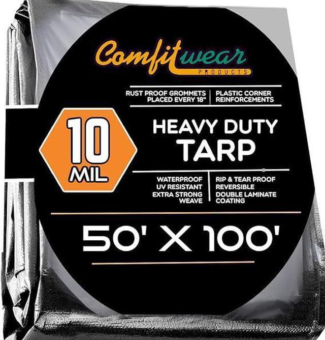 Main image of COMFITWEAR 10 Mil Silver And Black Super Heavy Duty Tarp Cover Reinforce Grommet Pool Cover Boat Tarp UV Resistant Poly Tarpaulin Canopy Tent Waterproof Tarp Cover (50' x 100')