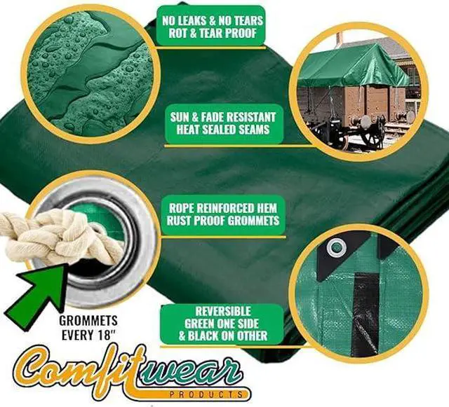 Alt view image 2 of 7 - COMFITWEAR Green And Black 10 Mil  Super Heavy Duty Tarp Cover, Reinforced Grommet, Multi-Purpose Pool Cover, Boat Tarp Camping Tarp, UV Resistant,Waterproof Tarp Cover (6' X 8')