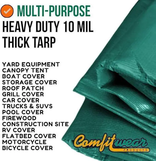 Alt view image 4 of 7 - COMFITWEAR Green And Black 10 Mil  Super Heavy Duty Tarp Cover, Reinforced Grommet, Multi-Purpose Pool Cover, Boat Tarp Camping Tarp, UV Resistant,Waterproof Tarp Cover (6' X 8')