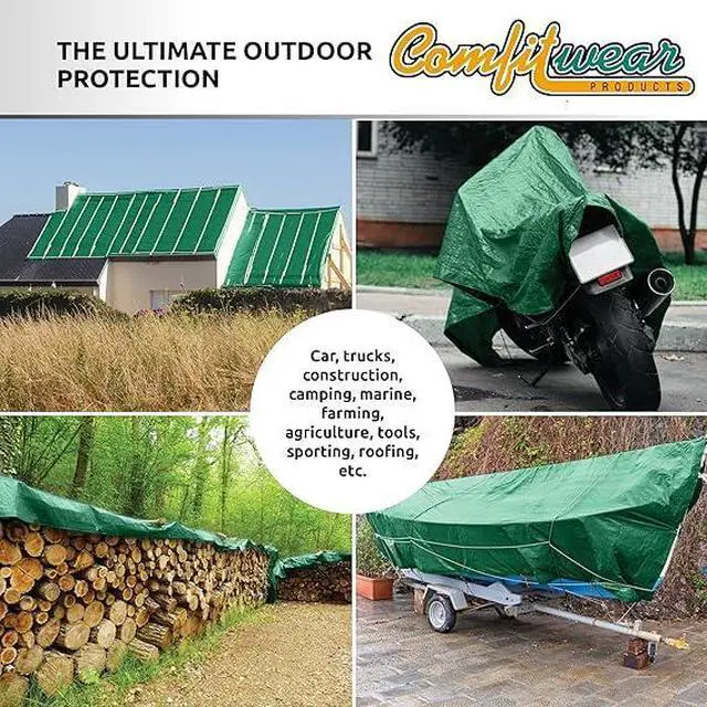 Alt view image 5 of 7 - COMFITWEAR Green And Black 10 Mil  Super Heavy Duty Tarp Cover, Reinforced Grommet, Multi-Purpose Pool Cover, Boat Tarp Camping Tarp, UV Resistant,Waterproof Tarp Cover (6' X 8')