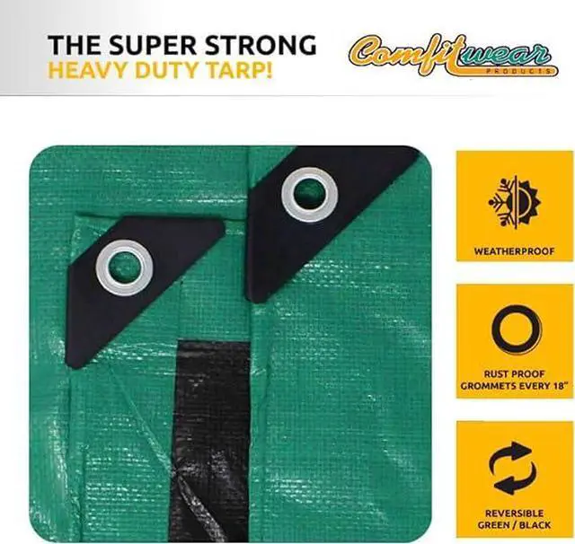Alt view image 6 of 7 - COMFITWEAR Green And Black 10 Mil  Super Heavy Duty Tarp Cover, Reinforced Grommet, Multi-Purpose Pool Cover, Boat Tarp Camping Tarp, UV Resistant,Waterproof Tarp Cover (6' X 8')